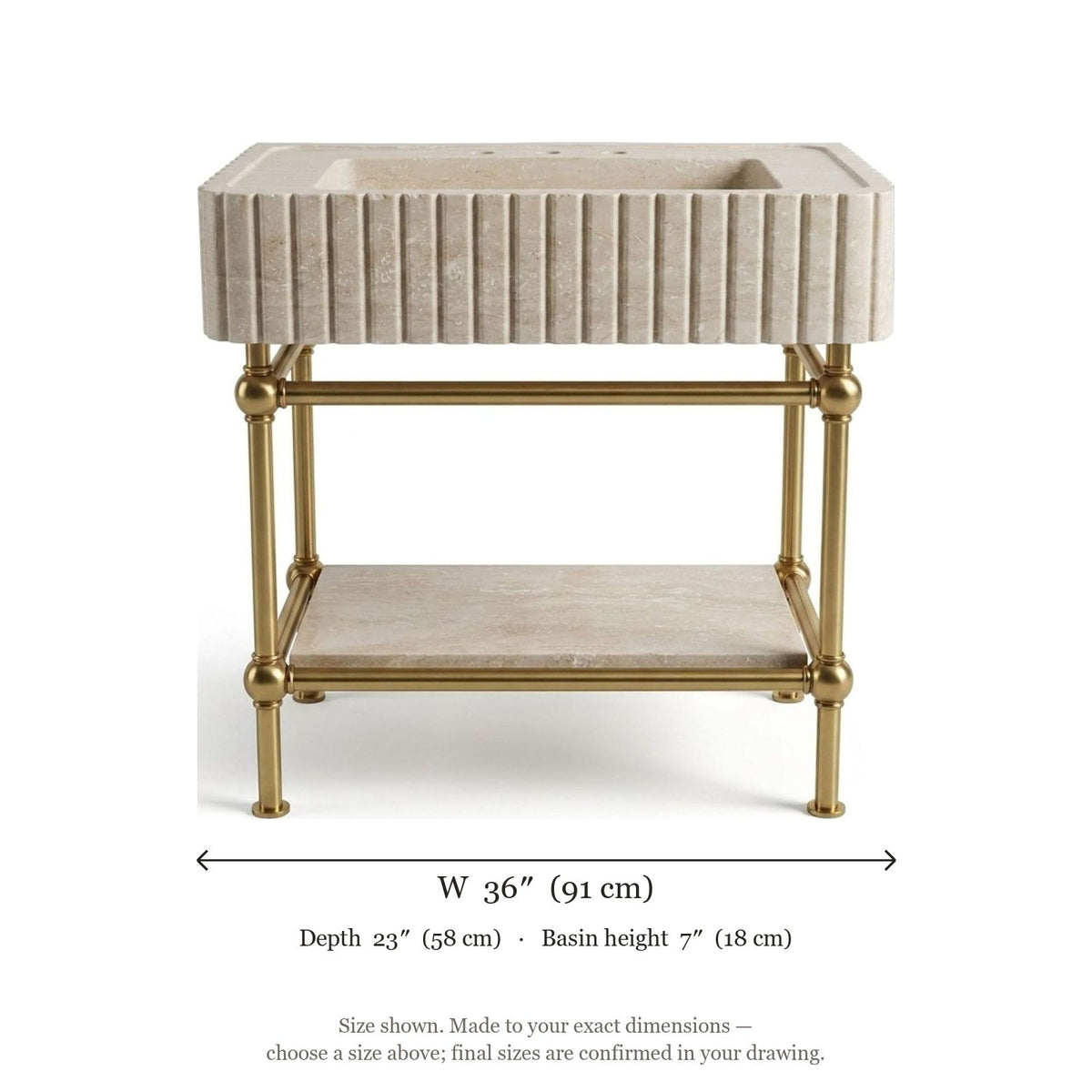 Honed Travertine Fluted Sink with Brass Stand — dimensions — view 5