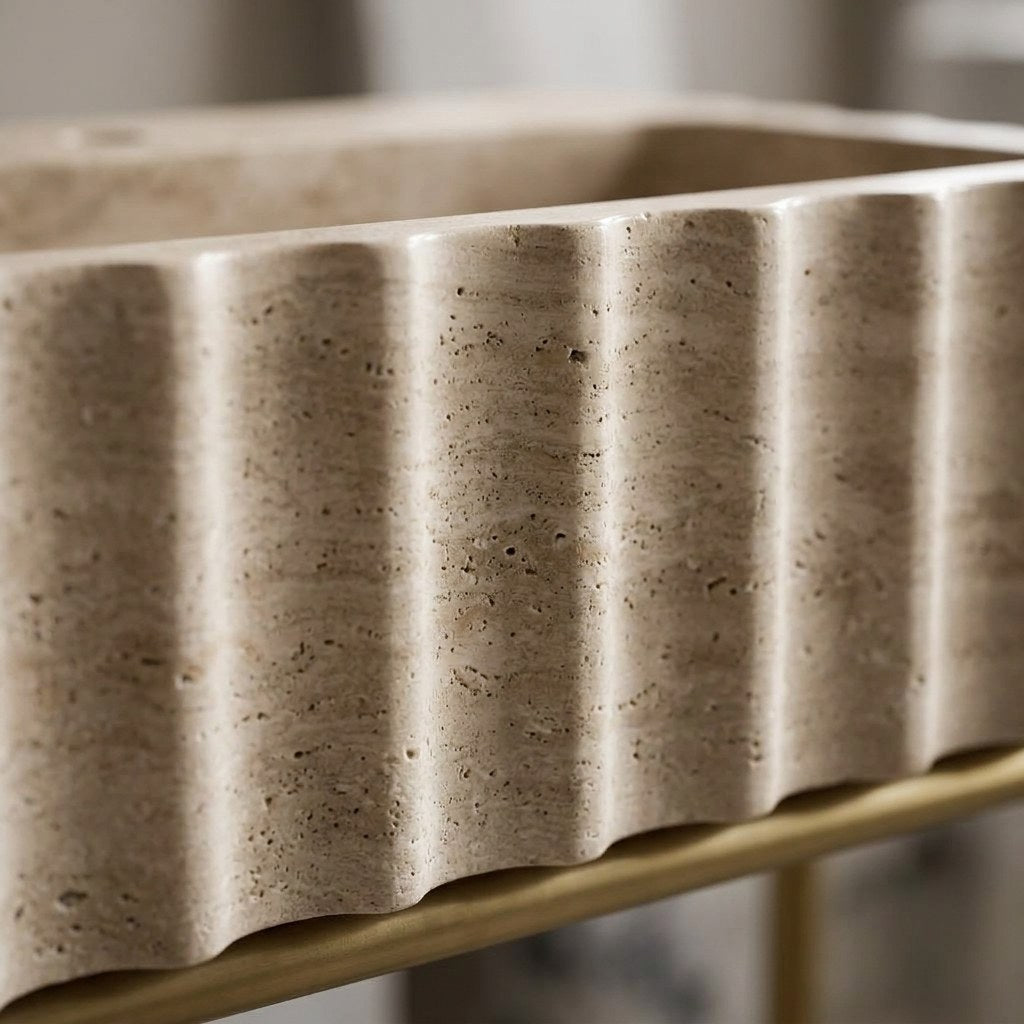 Travertine Fluted Sink with Brass Stand — marble detail — view 3