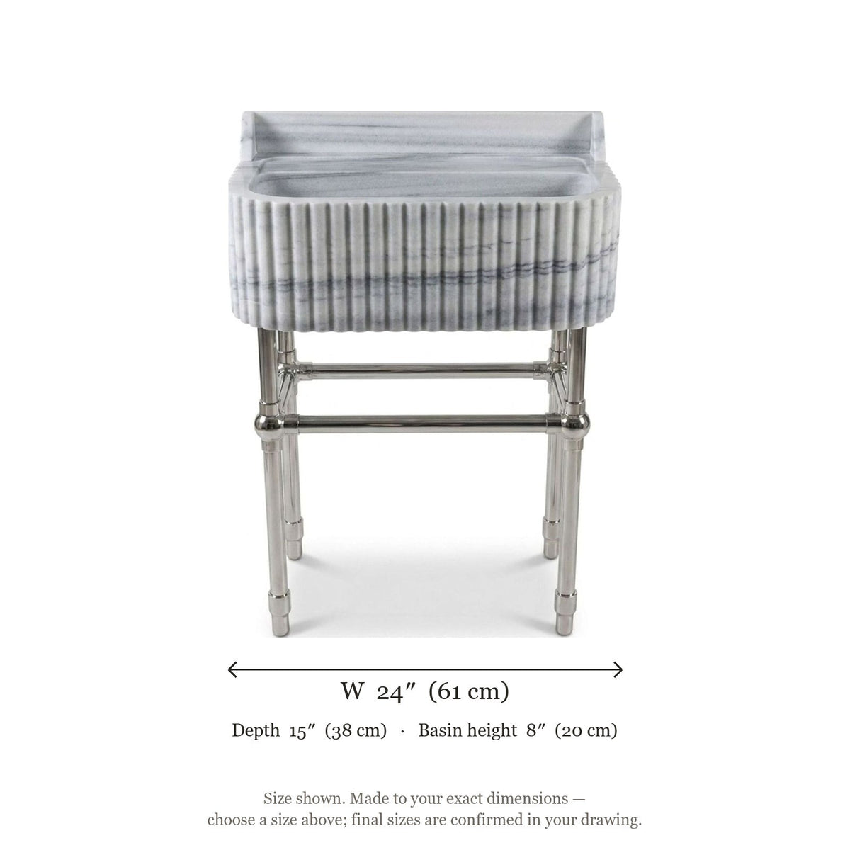 Carrara Fluted Marble Sink with Brushed Steel Stand — dimensions — view 5
