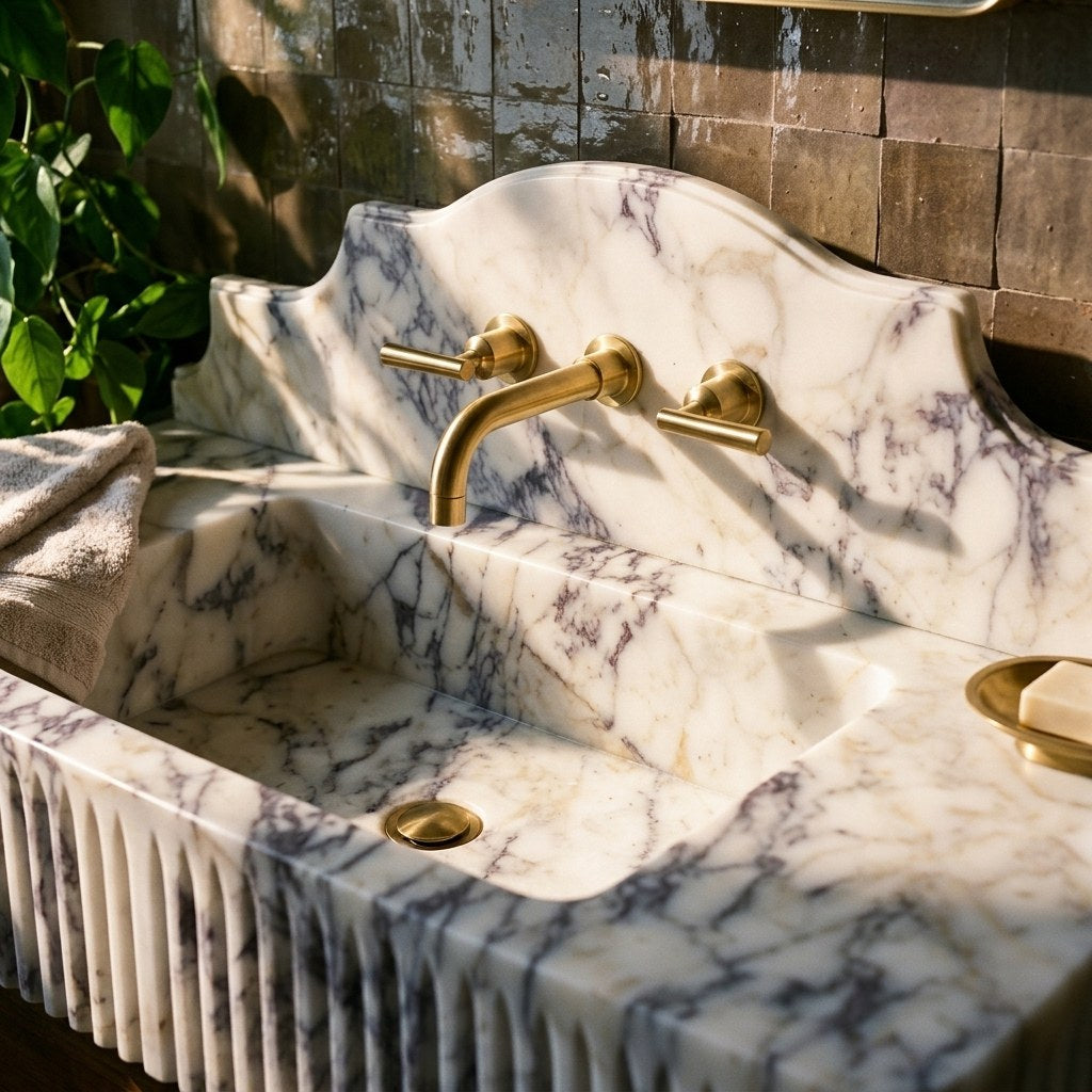 Calacatta Viola Fluted Marble Sink with Backsplash — premium — view 2