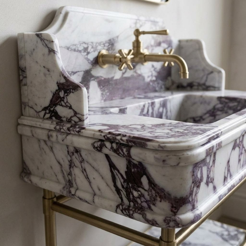 Calacatta Viola Marble Sink with Champagne Gold Stand — marble detail — view 3