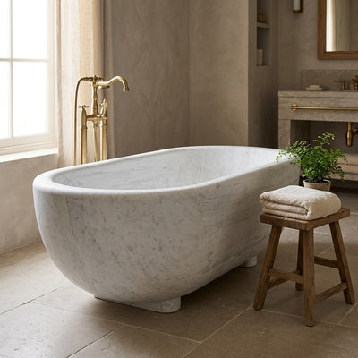 Carrara Polished Marble Oval Freestanding Bathtub — premium
