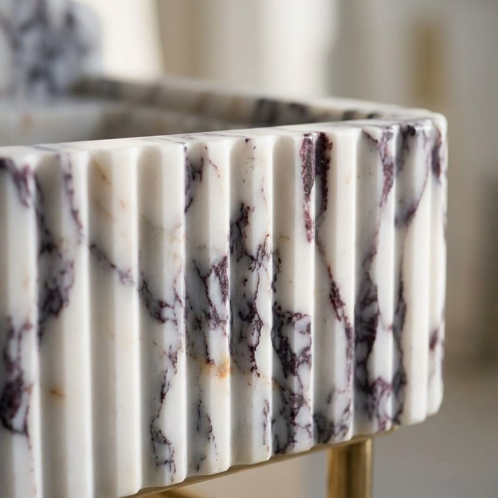 Calacatta Viola Fluted Marble Sink with Brass Stand and Backsplash — marble detail — view 2
