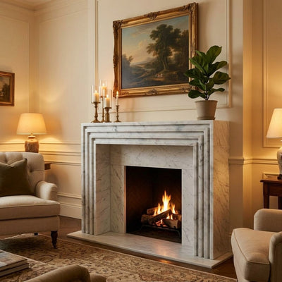 Carrara Marble Polished Stepped Fireplace Mantel — premium