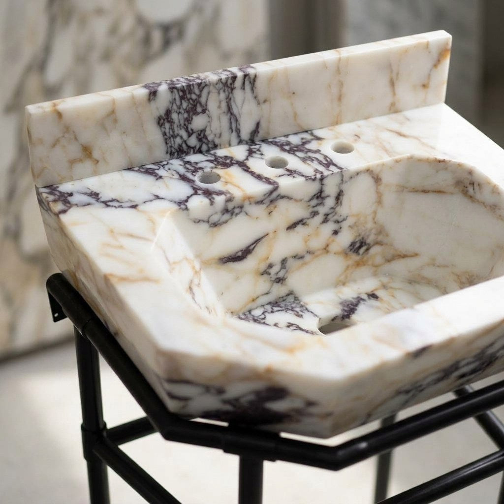 Calacatta Viola Marble Sink with Matte Black Stand — marble detail — view 2