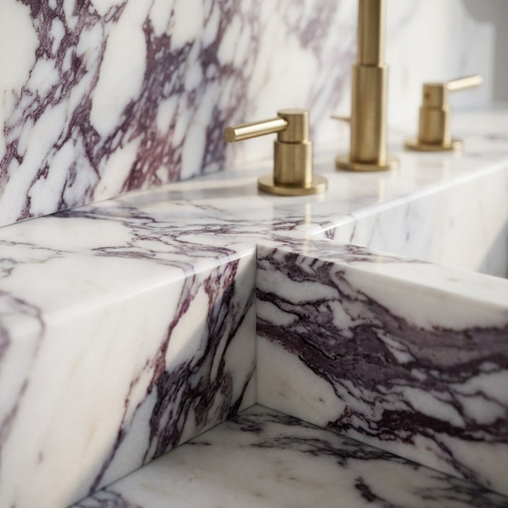 Calacatta Viola Honed Marble Vanity with Backsplash — marble detail — view 3