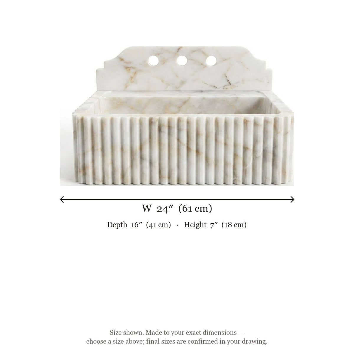 Calacatta Gold Fluted Marble Sink with Backsplash — dimensions — view 5