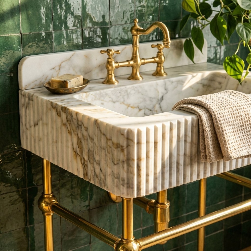 Calacatta Gold Fluted Marble Sink with Brass Stand — premium — view 2