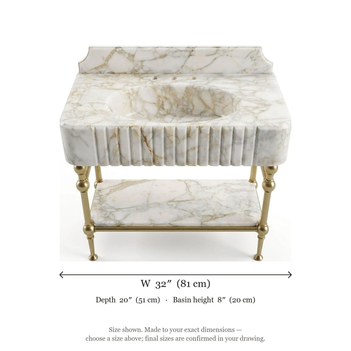 Calacatta Gold Fluted Marble Sink with Brass Stand and Backsplash — dimensions — view 4