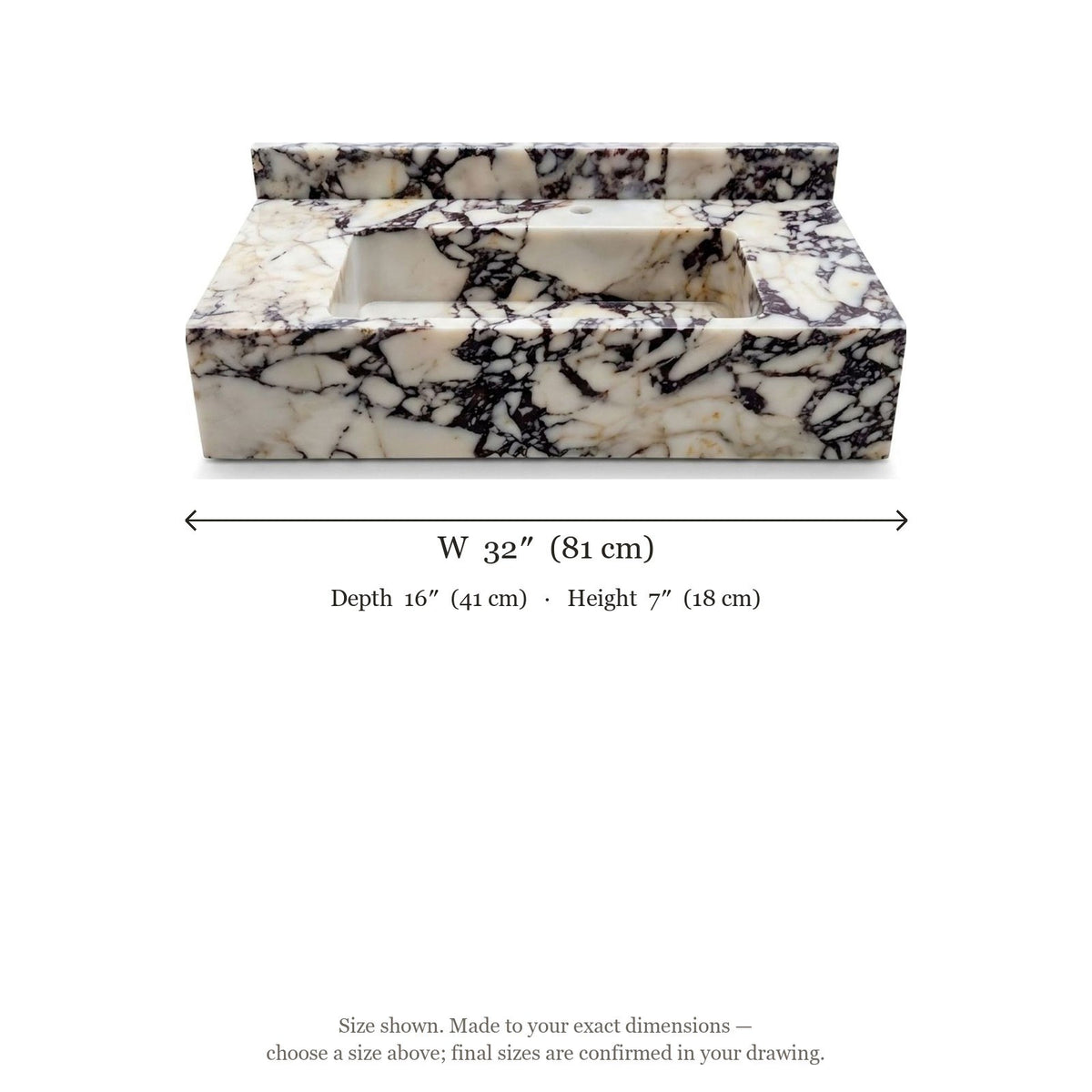 Calacatta Viola Polished Marble Sink with Backsplash — dimensions — view 5
