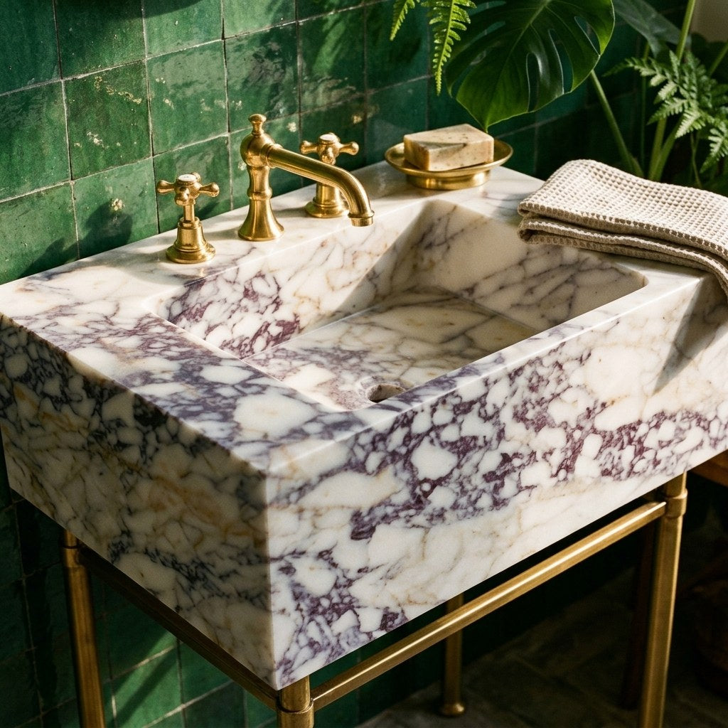 Calacatta Viola Honed Marble Sink with Brass Stand — premium — view 2