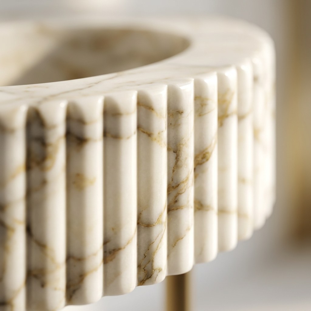 Calacatta Gold Fluted Marble Sink with Antique Brass Stand — marble detail — view 3