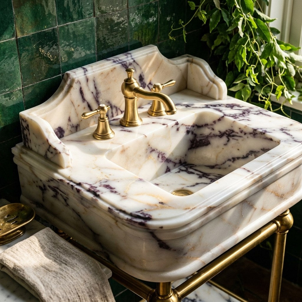 Calacatta Viola Marble Sink with Brass Stand and Backsplash — premium — view 2