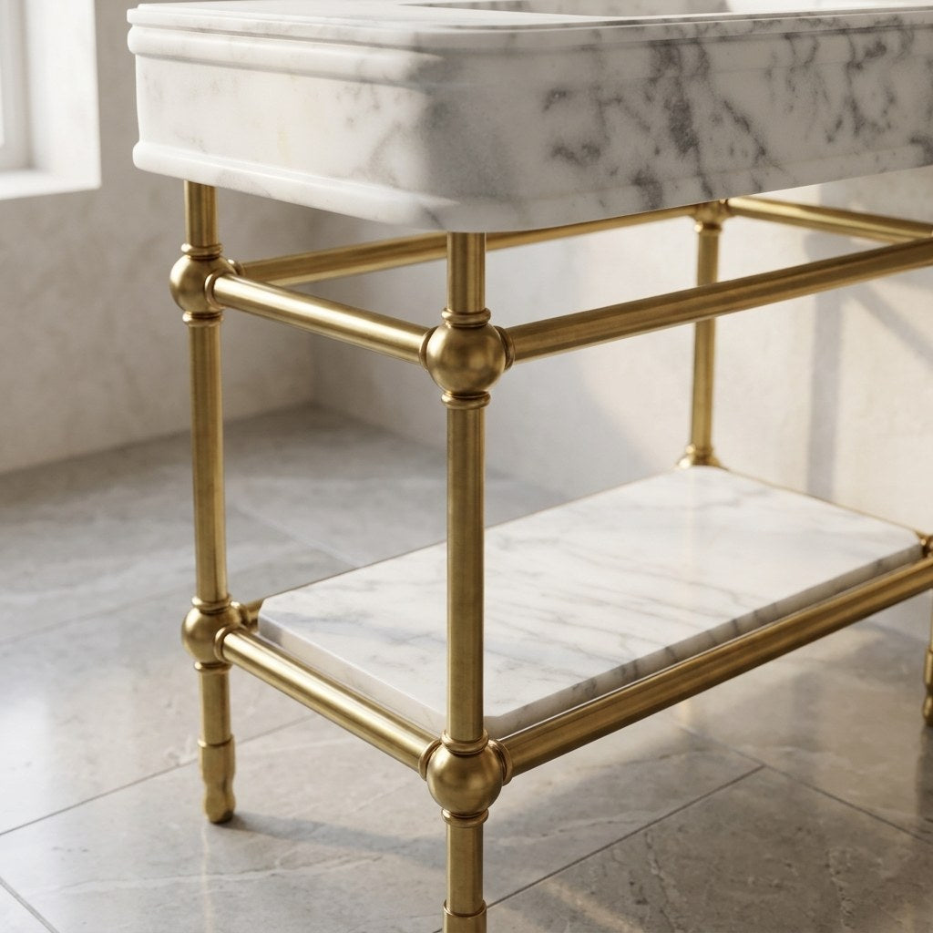 Carrara Marble Sink with Brass Stand — detail — view 3