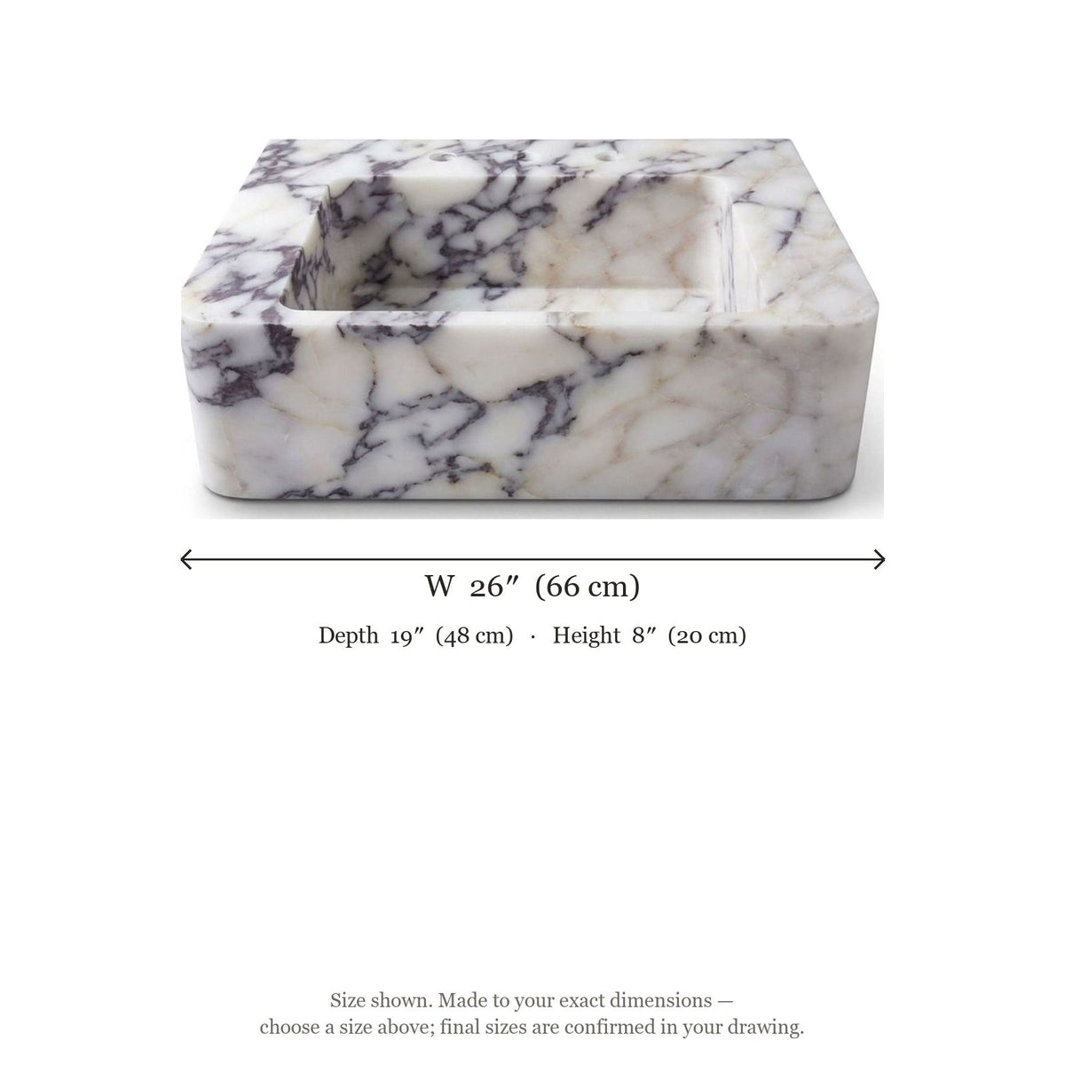 Calacatta Viola Polished Marble Sink with 3 Faucet Holes — dimensions — view 5