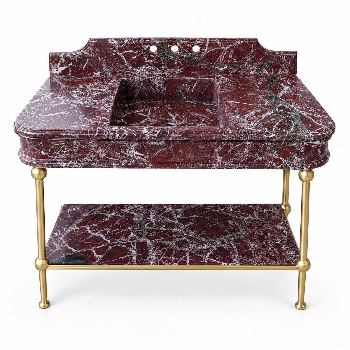 Rosso Levanto Marble Sink with Brass Stand and Backsplash — view 1