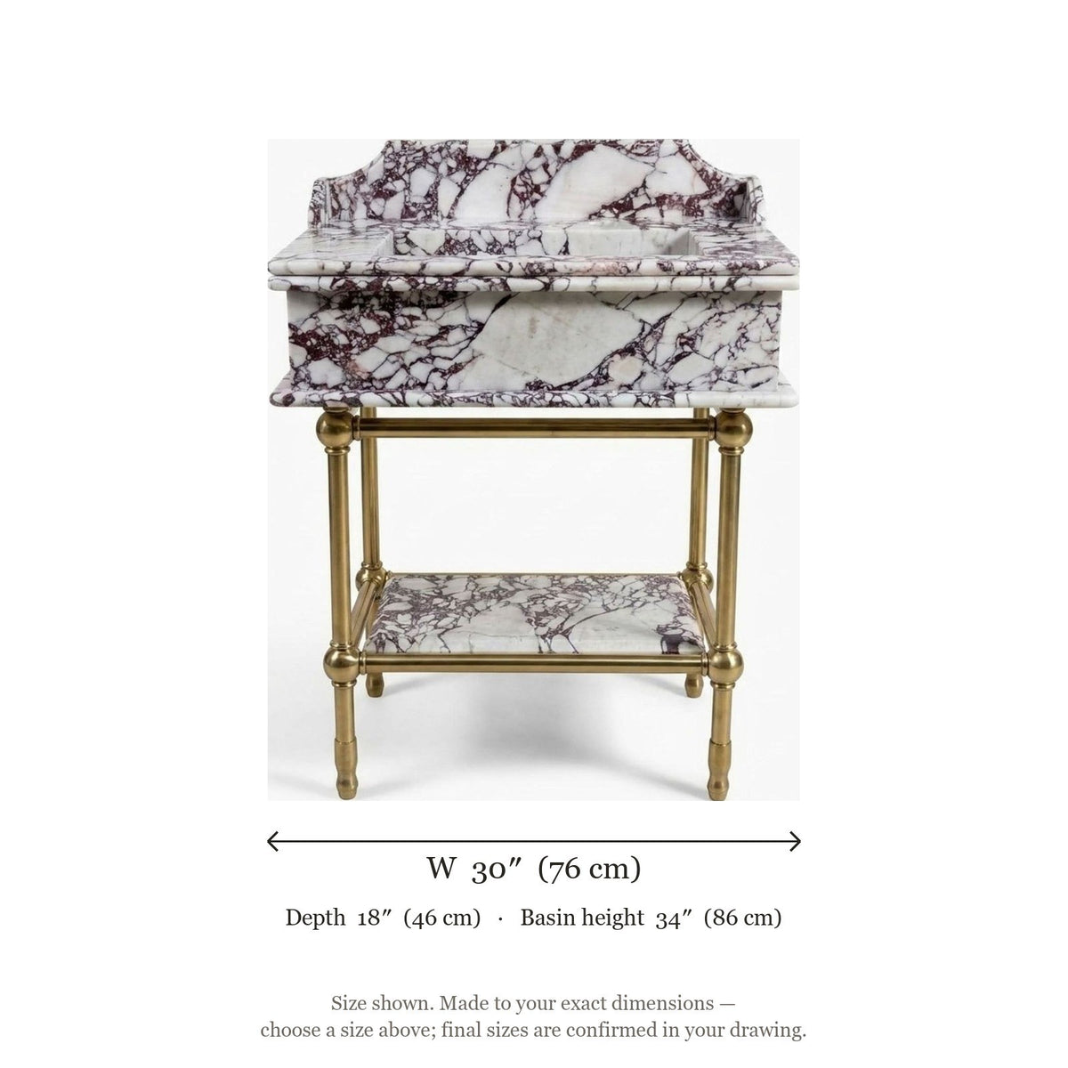 Calacatta Viola Marble Sink with Brass Stand and Backsplash — dimensions — view 5