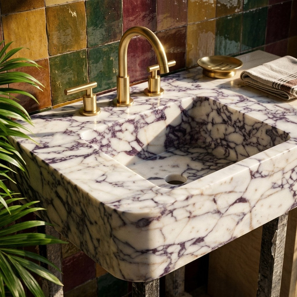 Calacatta Viola Polished Marble Sink with 3 Faucet Holes — premium — view 2