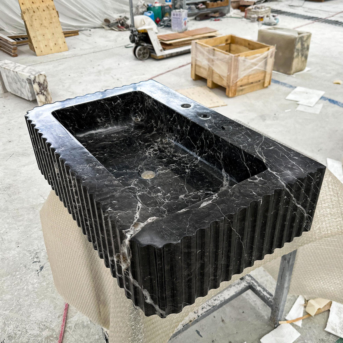 Pietre Notte Black Marble Sink – Fluted Stone Basin for Luxury Bathrooms and Custom Vanities M6S007 — view 1