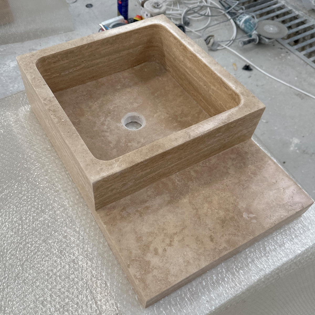 Travertine Countertop Sink with Shelf – Modern Stone Vanity for Minimalist Spaces M6S39 — view 2