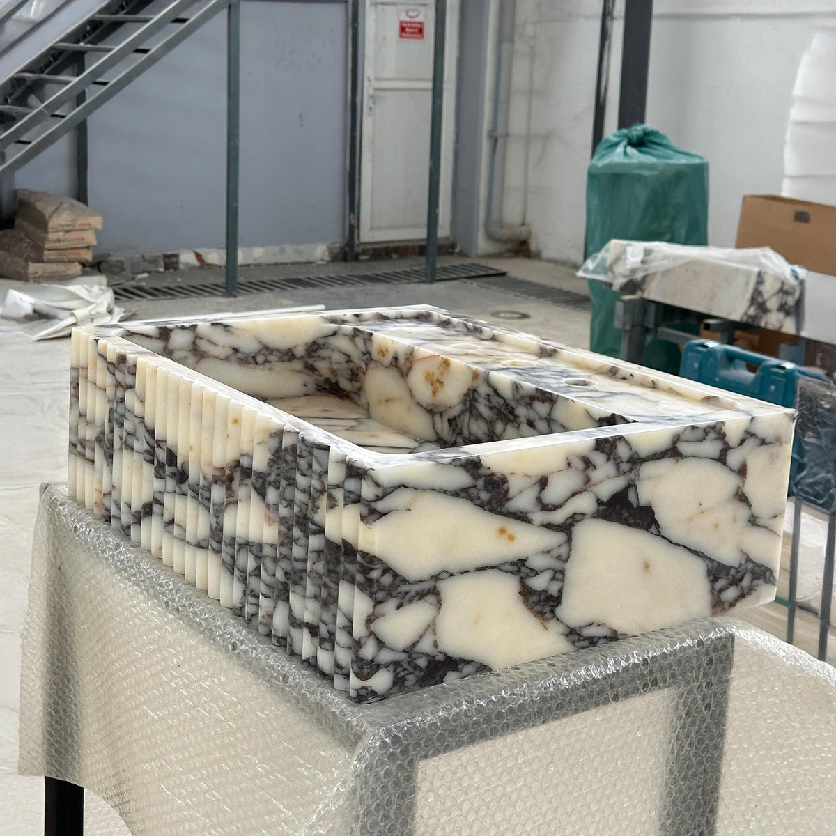 Calacatta Viola Marble Sink | Small Fluted Vanity Basin | Compact Designer Stone Sink for Modern Baths M6S45 — view 1