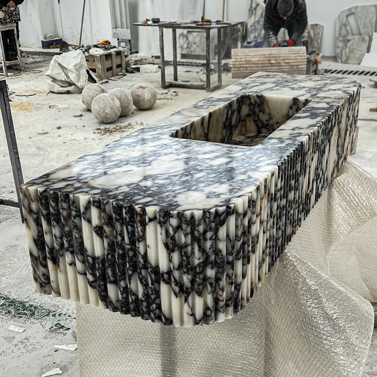 Large Calacatta Viola Marble Sink | Fluted Wall Vanity | Modern Luxury Stone Basin M6S30 — view 3