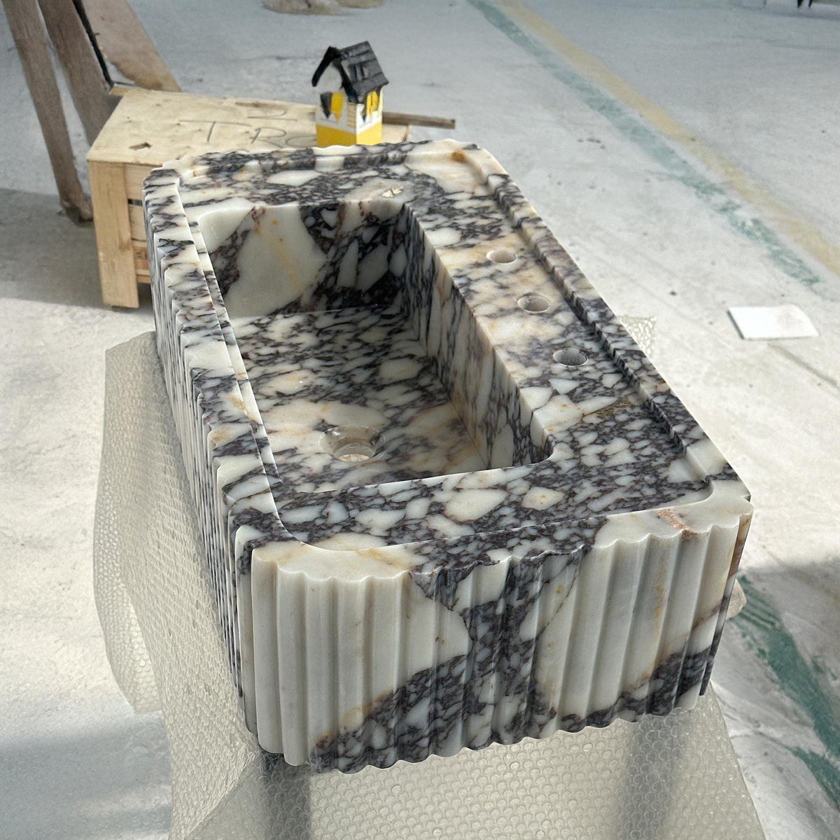 Calacatta Viola Marble Sink | Fluted Vanity Basin | Luxury Rectangular Stone Washbasin M6S46 — view 1