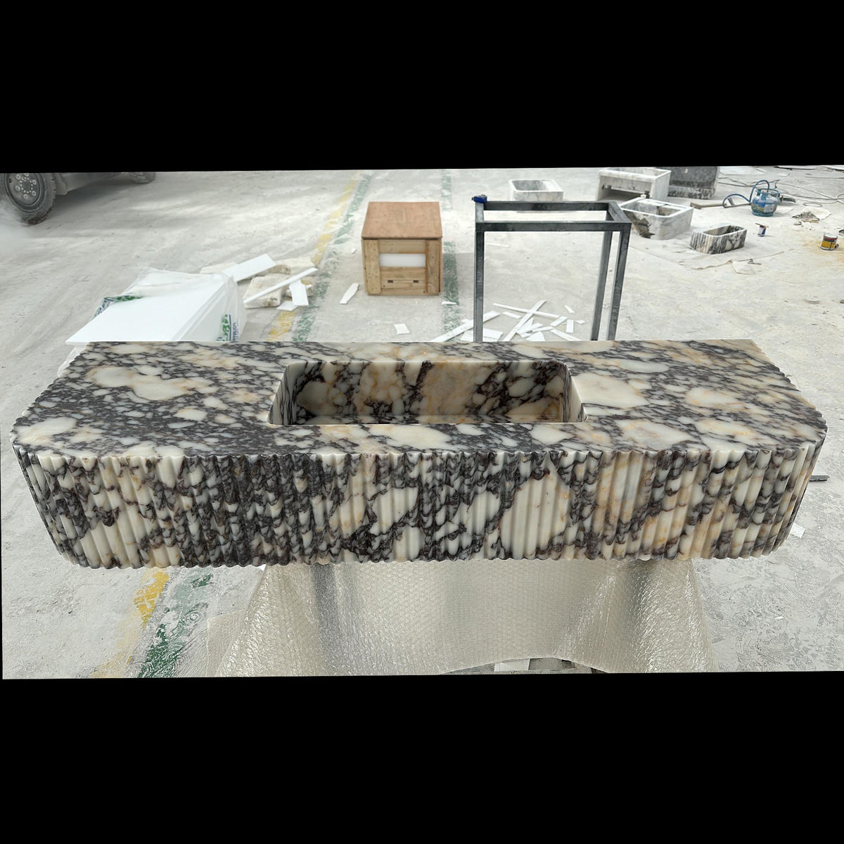 Large Calacatta Viola Marble Sink | Fluted Wall Vanity | Modern Luxury Stone Basin M6S30 — view 4