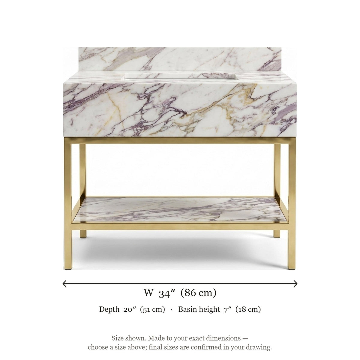 Calacatta Viola Marble Sink with Brushed Steel Stand — dimensions — view 5