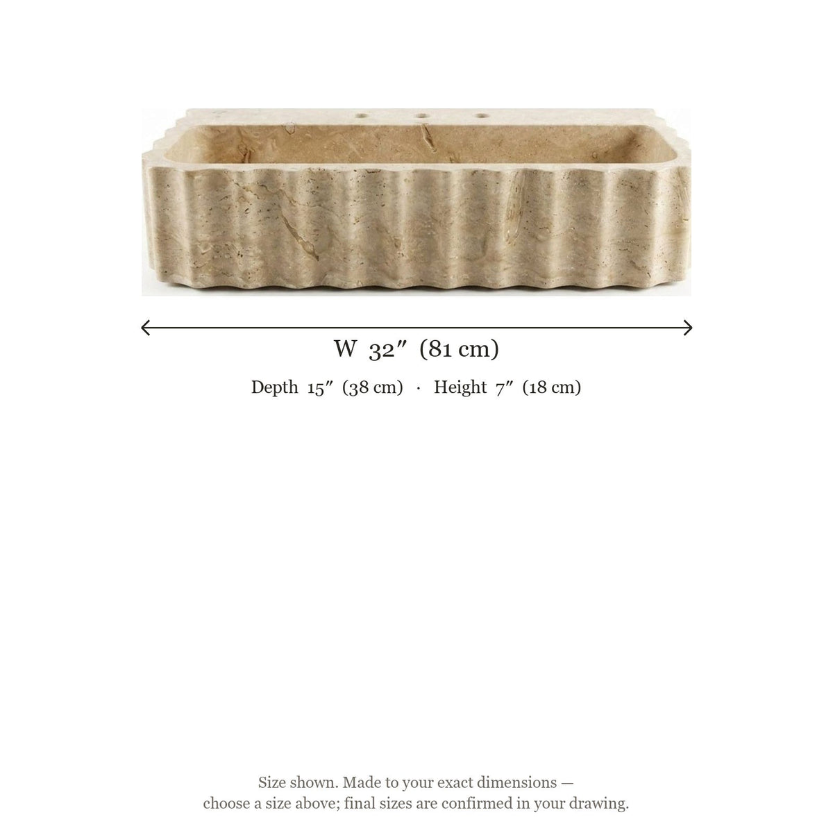 Polished Fluted Travertine Sink with 3 Faucet Holes — dimensions — view 3