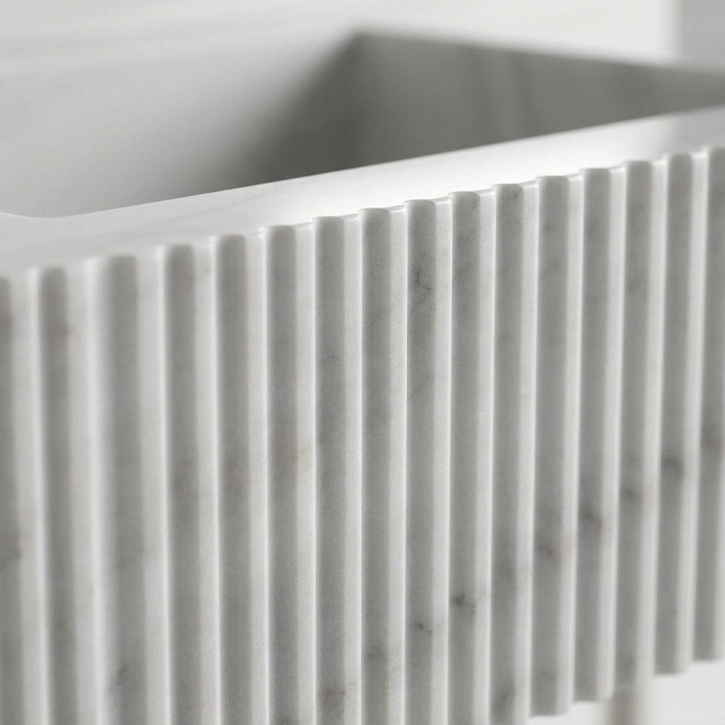 Carrara Fluted Marble Vanity with Brushed Steel Stand — marble detail — view 3