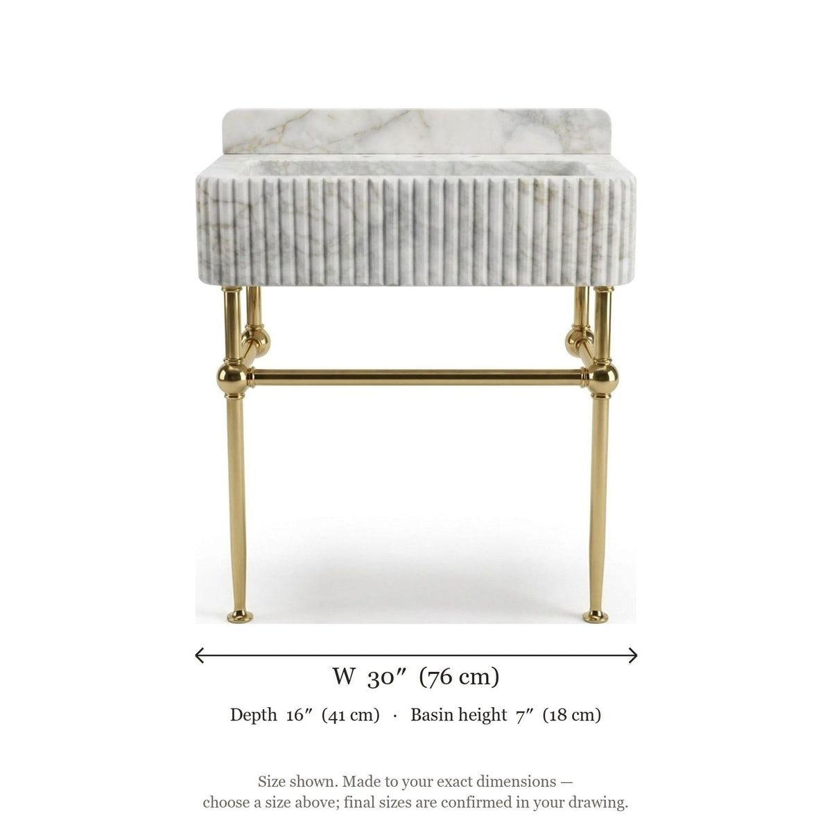 Calacatta Gold Fluted Marble Sink with Brass Stand — dimensions — view 5