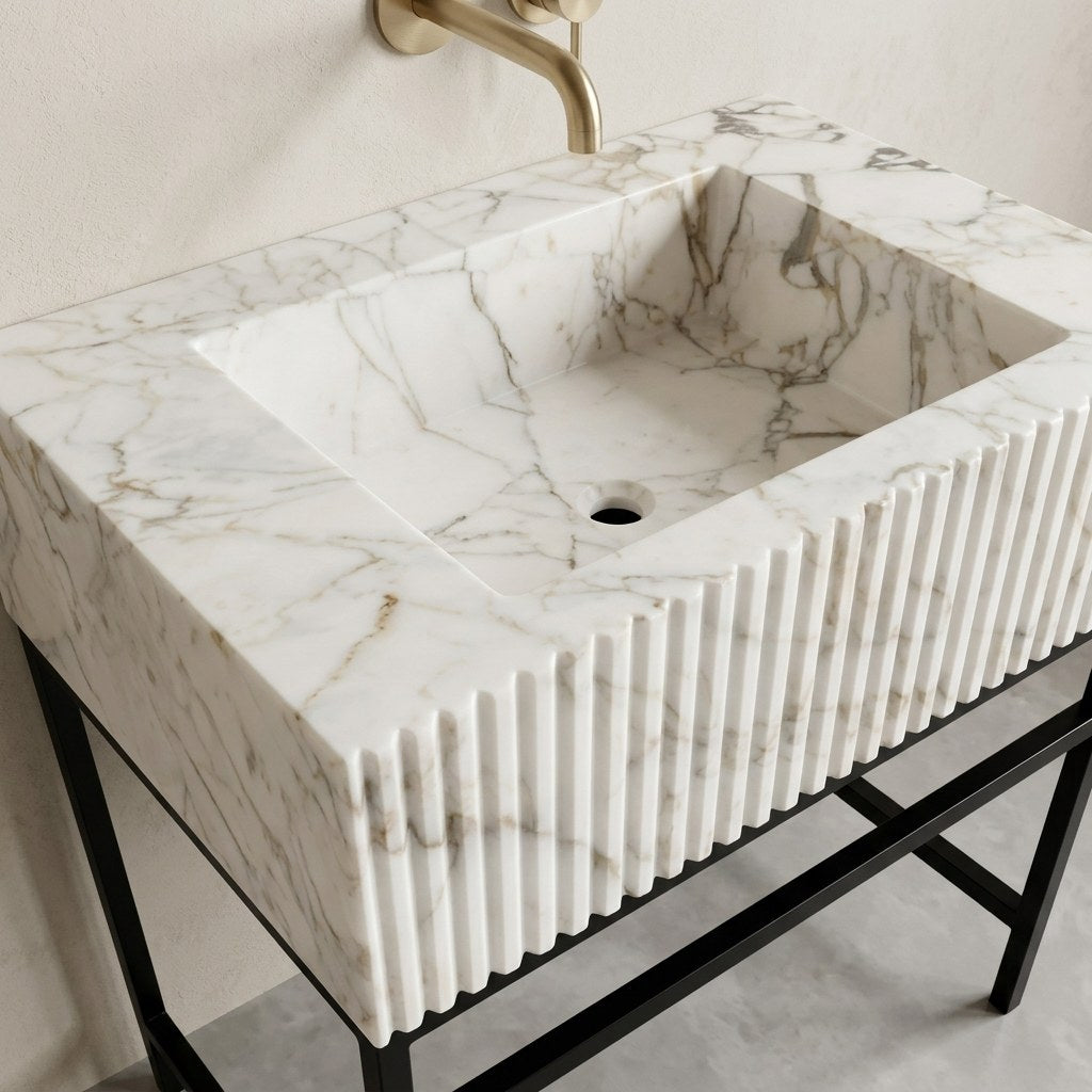 Calacatta Gold Fluted Rectangular Marble Sink — detail — view 3