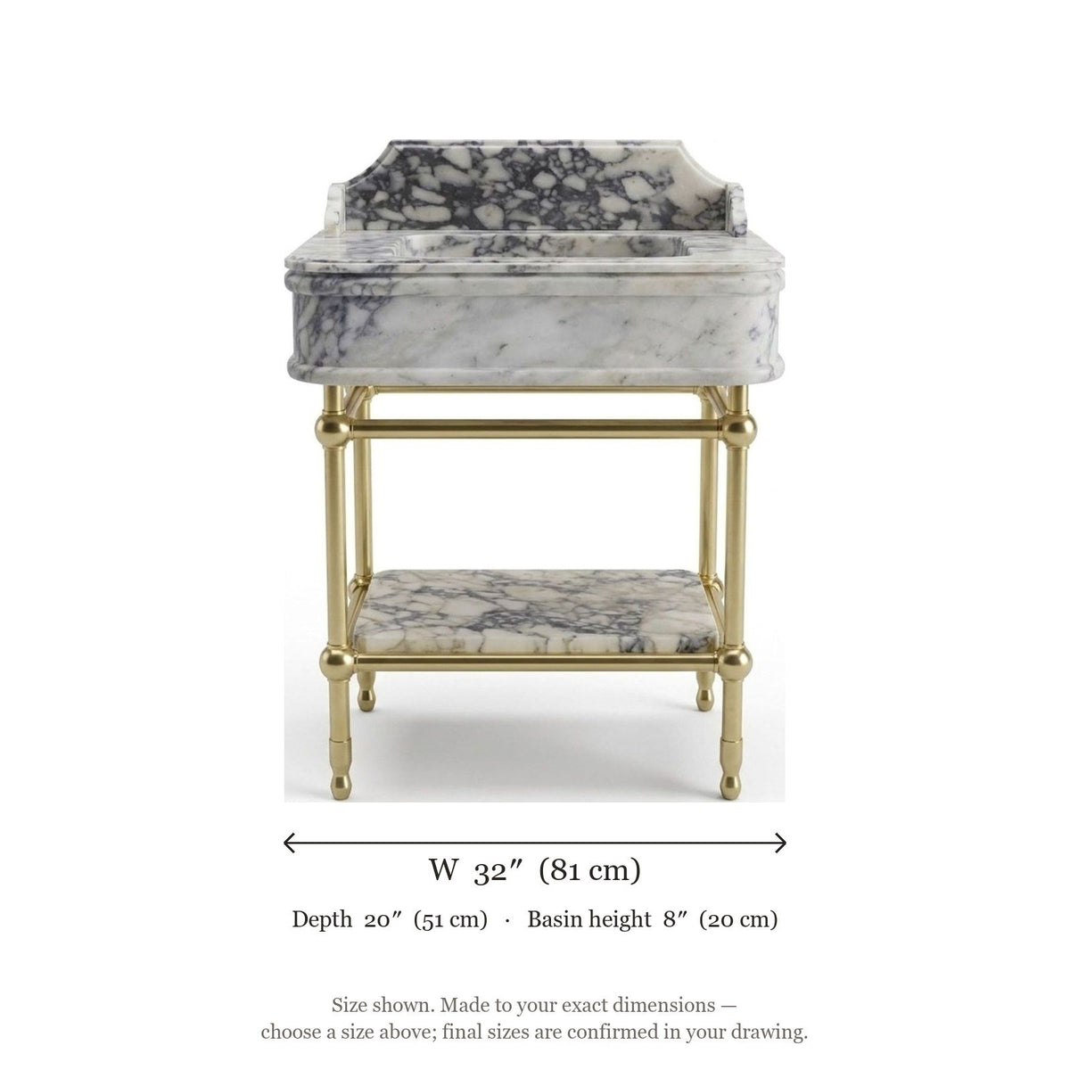 Calacatta Viola Marble Sink with Brass Gold Stand — dimensions — view 5