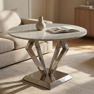 Carrara Polished Marble Table with Brushed Steel Base — premium