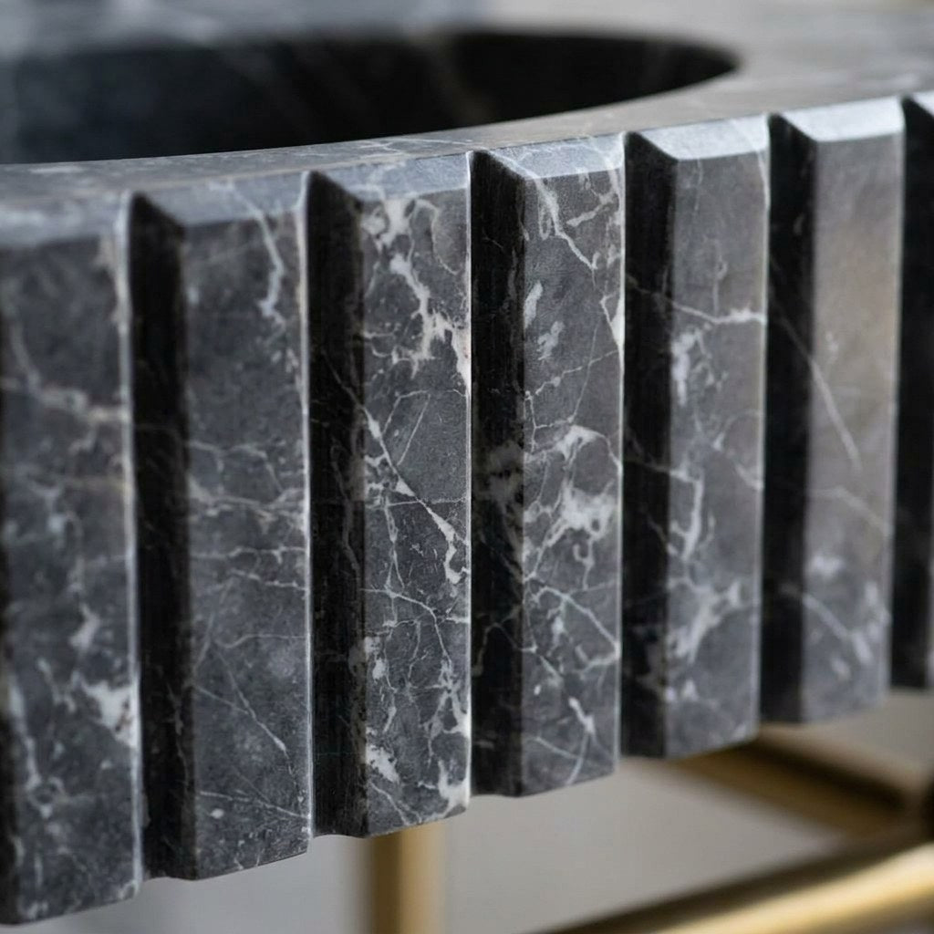 Pietra Notte Fluted Marble Sink with Brass Stand — marble detail — view 3