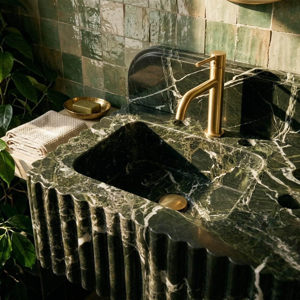 Verde Marble Fluted Sink with Backsplash — premium — view 2