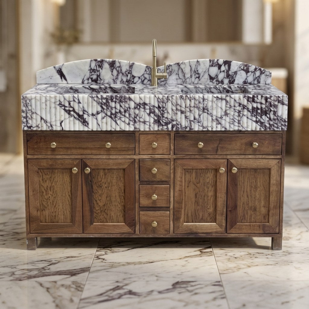 Calacatta Viola Fluted Marble Double Sink Vanity with Backsplash — detail — view 4