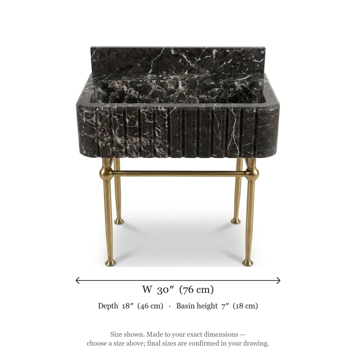 Pietra Notte Fluted Marble Sink with Brass Stand — dimensions — view 5
