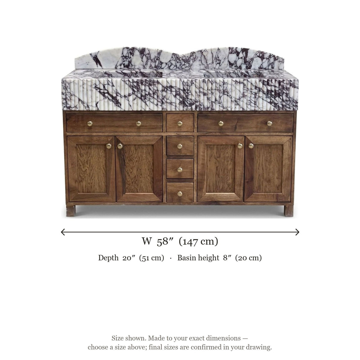 Calacatta Viola Fluted Marble Double Sink Vanity with Backsplash — dimensions — view 5
