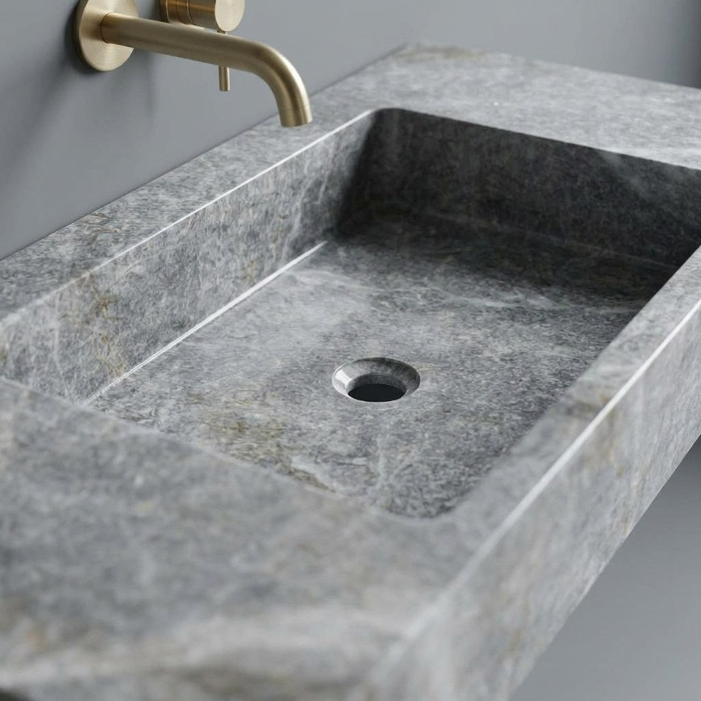 Polished Grey Marble Rectangular Vessel Sink — detail — view 4