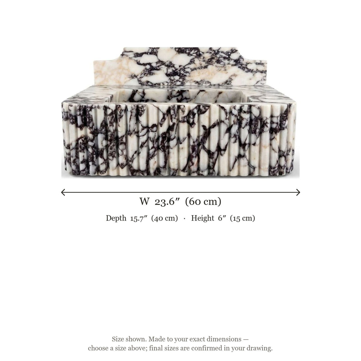 Calacatta Viola Fluted Marble Sink with Backsplash — dimensions — view 4