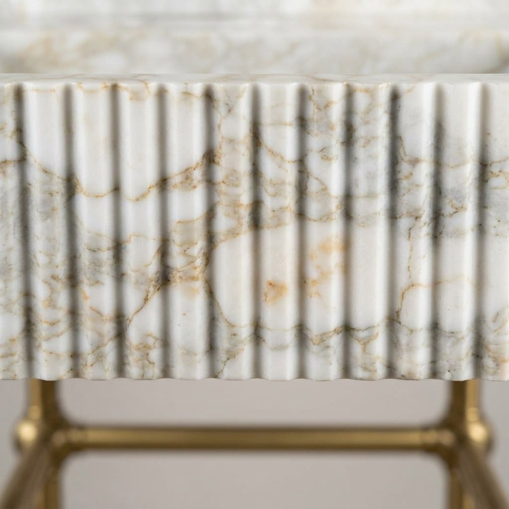 Calacatta Gold Fluted Marble Sink with Brass Stand — marble detail — view 3