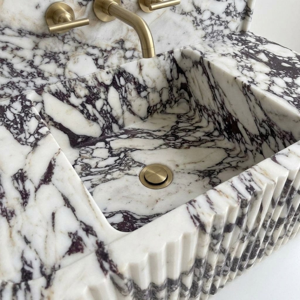 Calacatta Viola Fluted Marble Sink with Backsplash — detail — view 4
