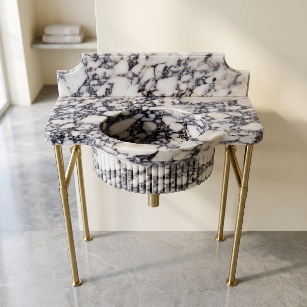 Calacatta Viola Fluted Marble Sink with Brass Stand — detail — view 4