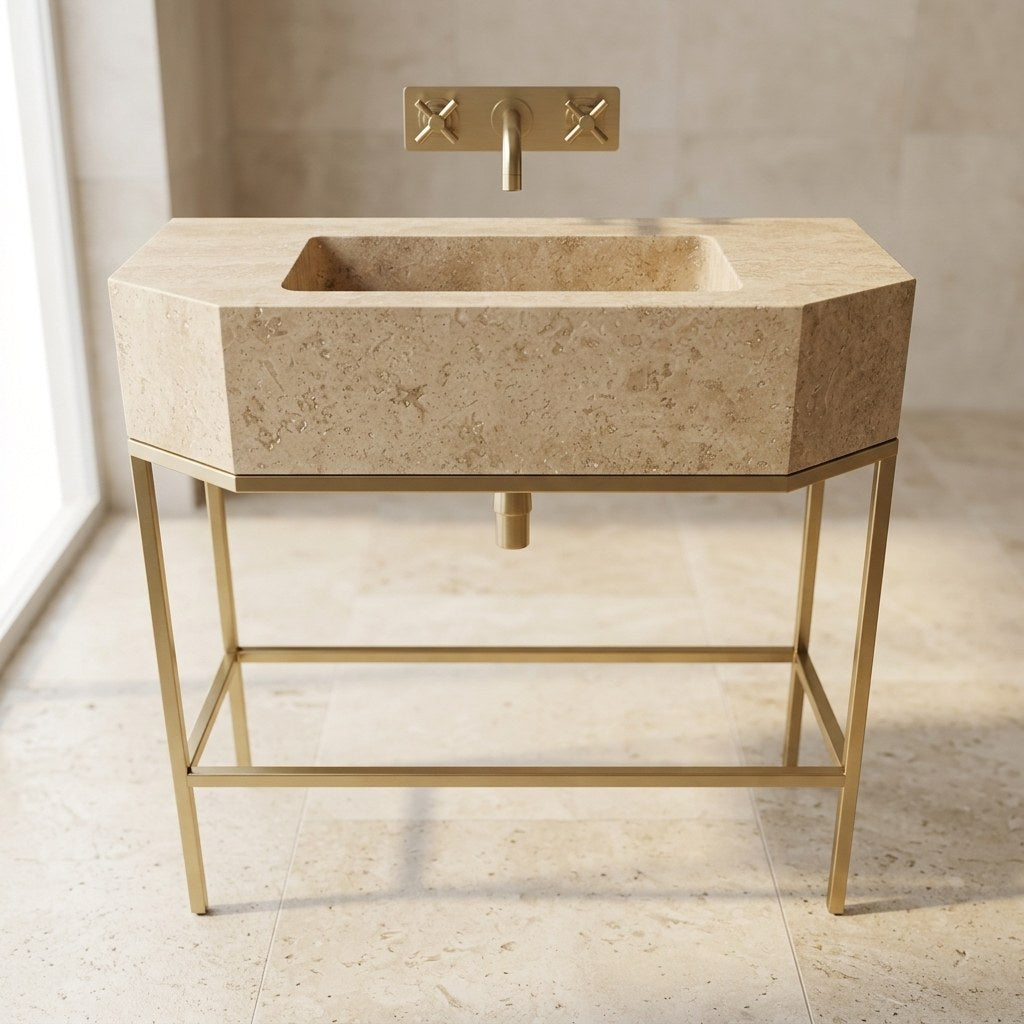 Polished Travertine Geometric Sink with Champagne Gold Base — detail — view 4