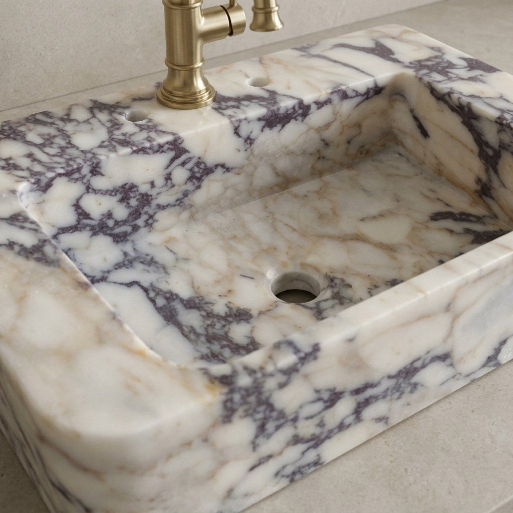 Calacatta Viola Honed Marble Rectangular Sink — detail — view 4