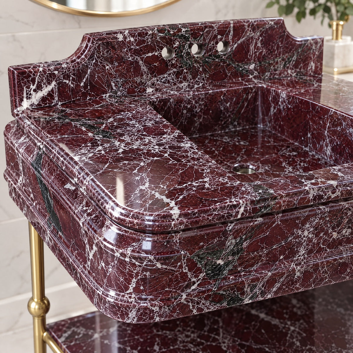 Rosso Levanto Marble Sink with Brass Stand and Backsplash — marble detail — view 3
