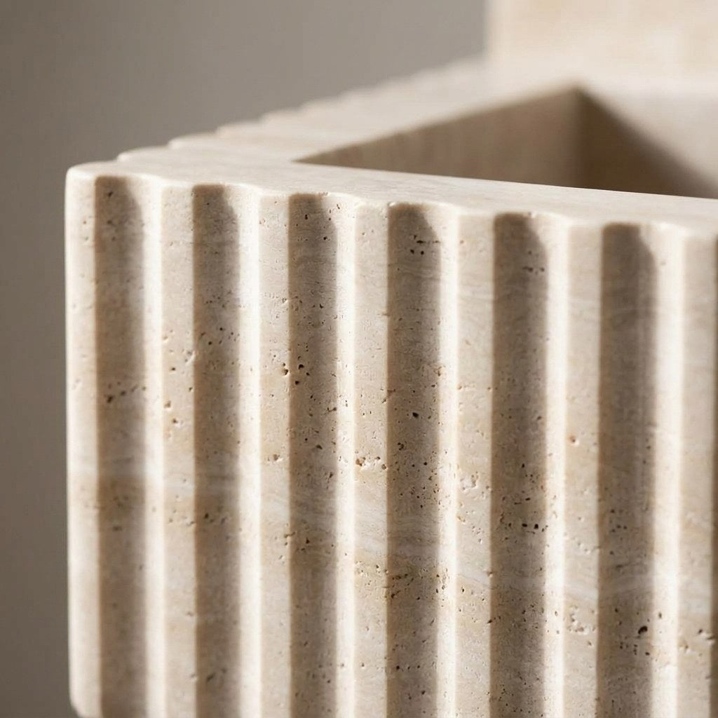 Fluted Travertine Sink with Brass Stand and Backsplash — marble detail — view 3