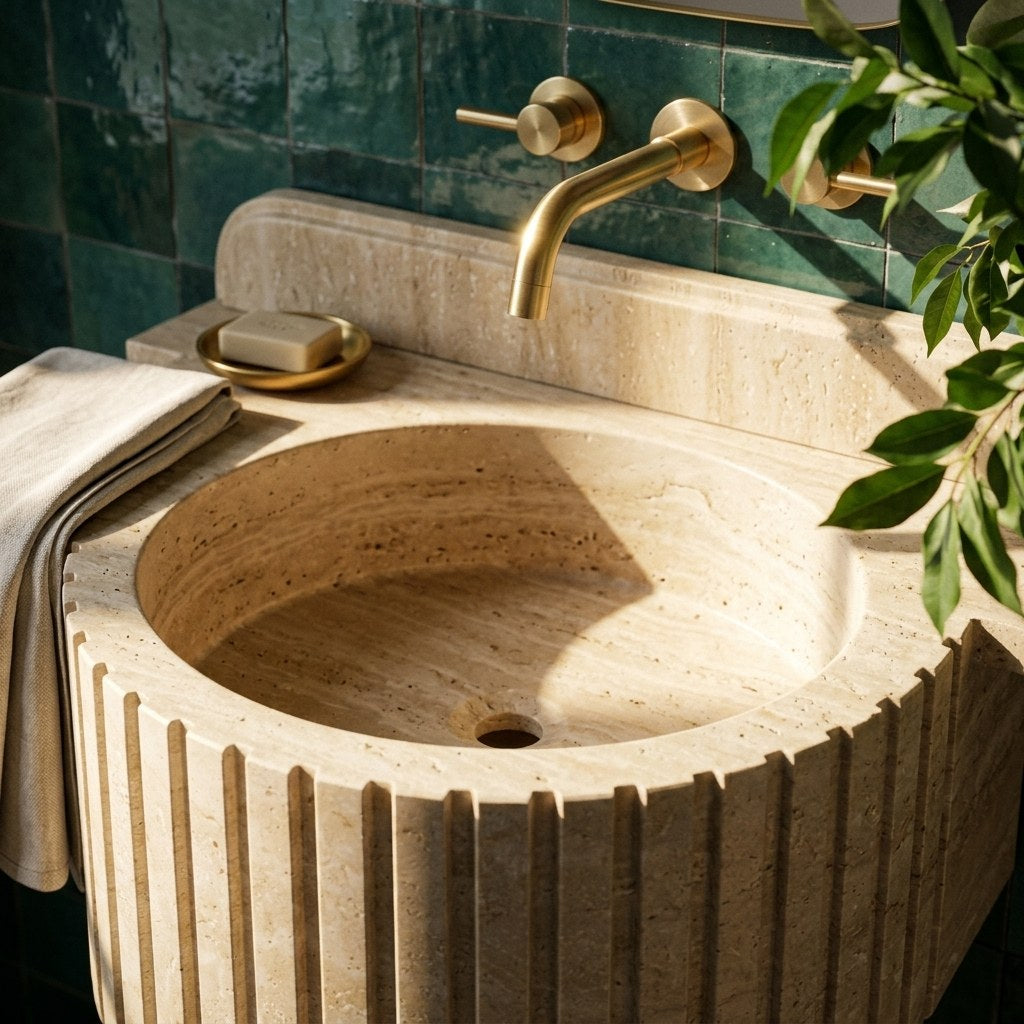 Honed Travertine Fluted Sink with Backsplash — premium — view 2